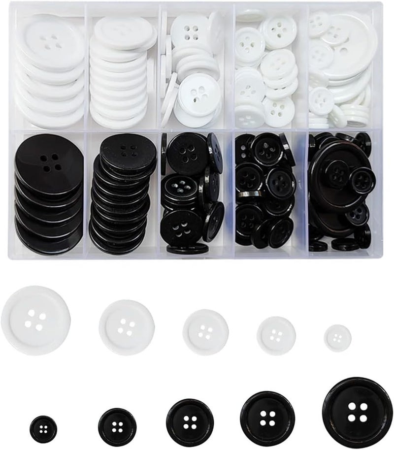 ZTEOFO 160 قطعة أزرار خياطة مختلطة - 4 ثقوب، 5 أحجام، أسود وأبيض، أزرار دائرية للحرف اليدوية - Image 1